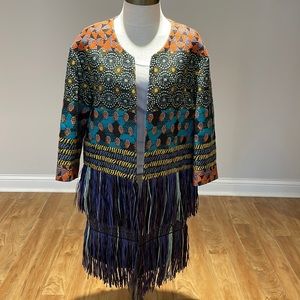Oui, Odile! Mixed print mixed media  fringe jacket blazer size L